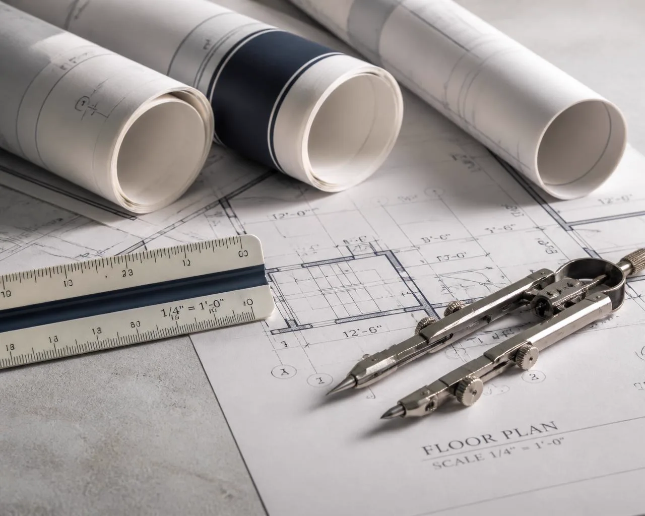 Architectural floor plan drawings with a scale ruler and drafting compass